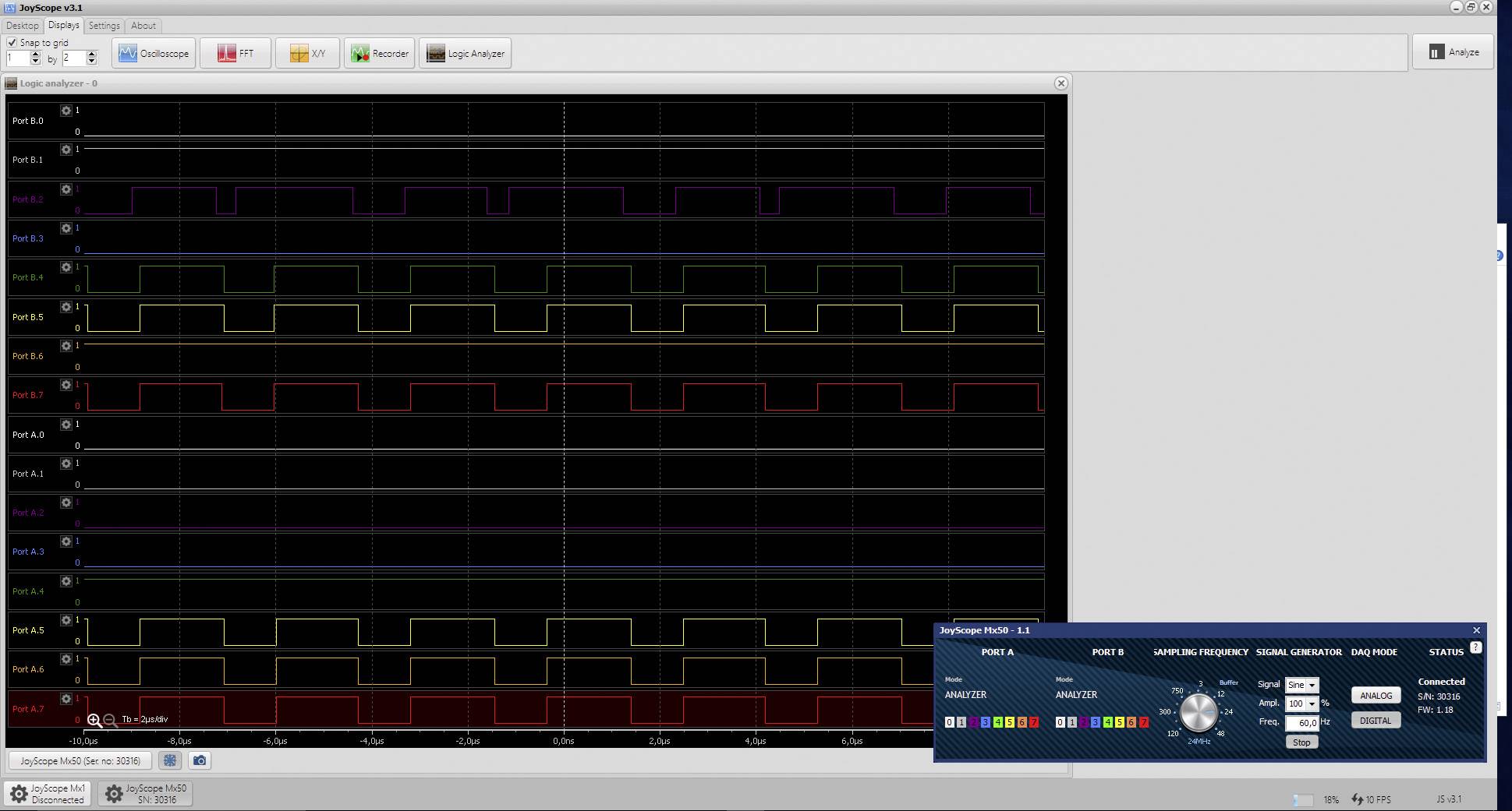 A screen displays a digital oscilloscope with multiple coloured waveforms over time. Control settings are located in the bottom right.