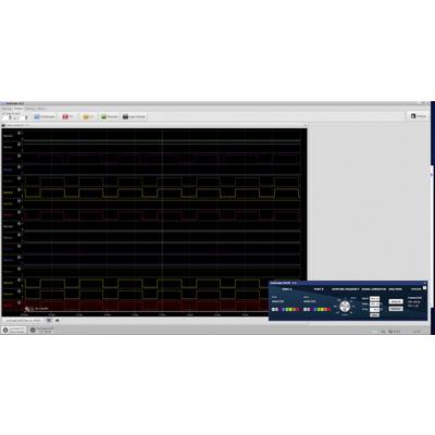 A screen displays a digital oscilloscope with multiple coloured waveforms over time. Control settings are located in the bottom right.
