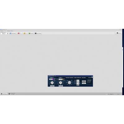 A simple software screen displays a plug-in interface with sliders for frequency, resonance, and modulation.