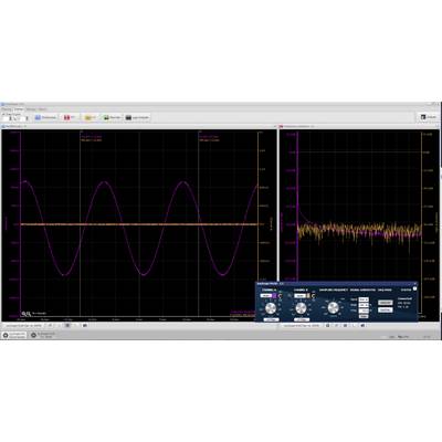 A screen displays an oscilloscope program with two diagrams. On the left: a sine wave and a straight line. On the right: a frequency diagram with noise. At the bottom: control settings.