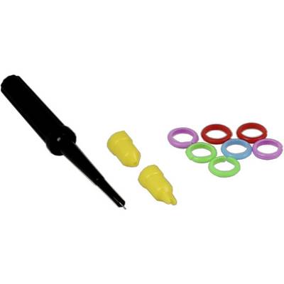 A black test probe holder, two yellow caps and eight coloured rings (purple, red, green, blue) are lying on a white surface.