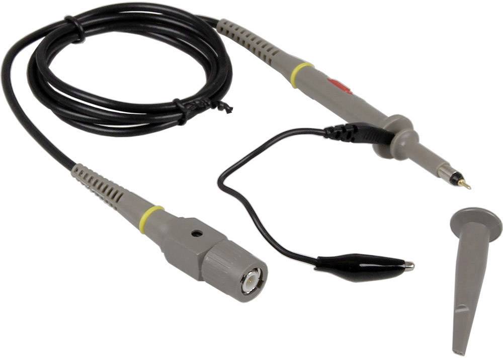 Oscilloscope probe with detachable hook, BNC connector and cable. Used for measuring electrical signals in circuits.