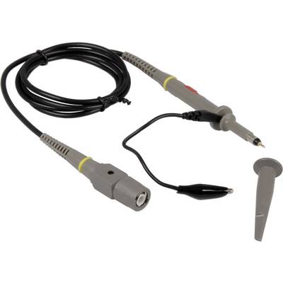 Oscilloscope probe with detachable hook, BNC connector and cable. Used for measuring electrical signals in circuits.