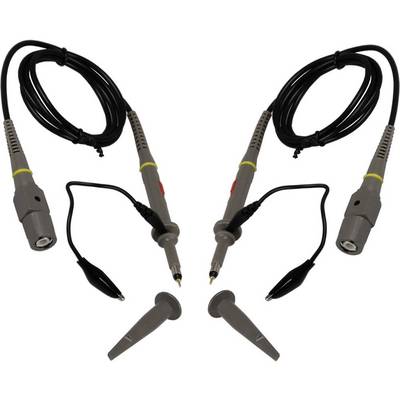 Two oscilloscope probes with crocodile clips and interchangeable tips, suitable for precise electronic measurements.