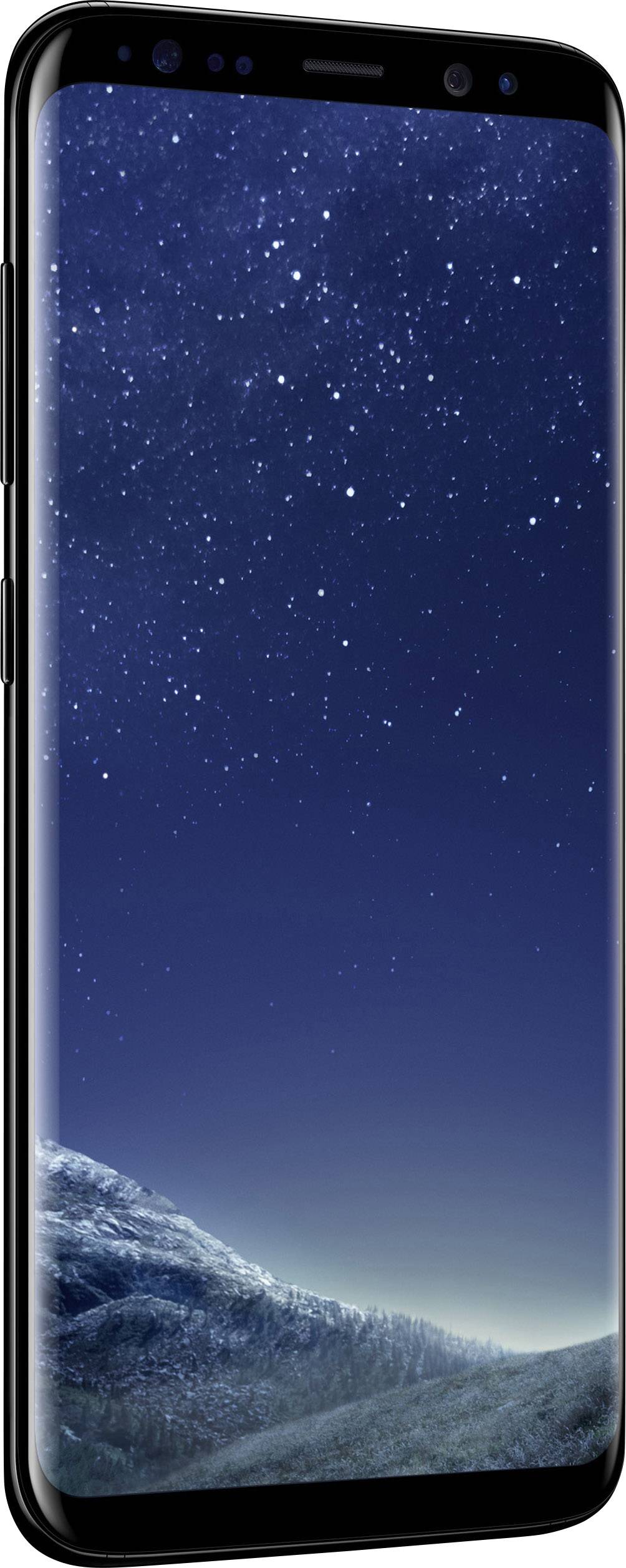 A smartphone with a curved screen displays a nighttime mountain landscape with a starry sky.