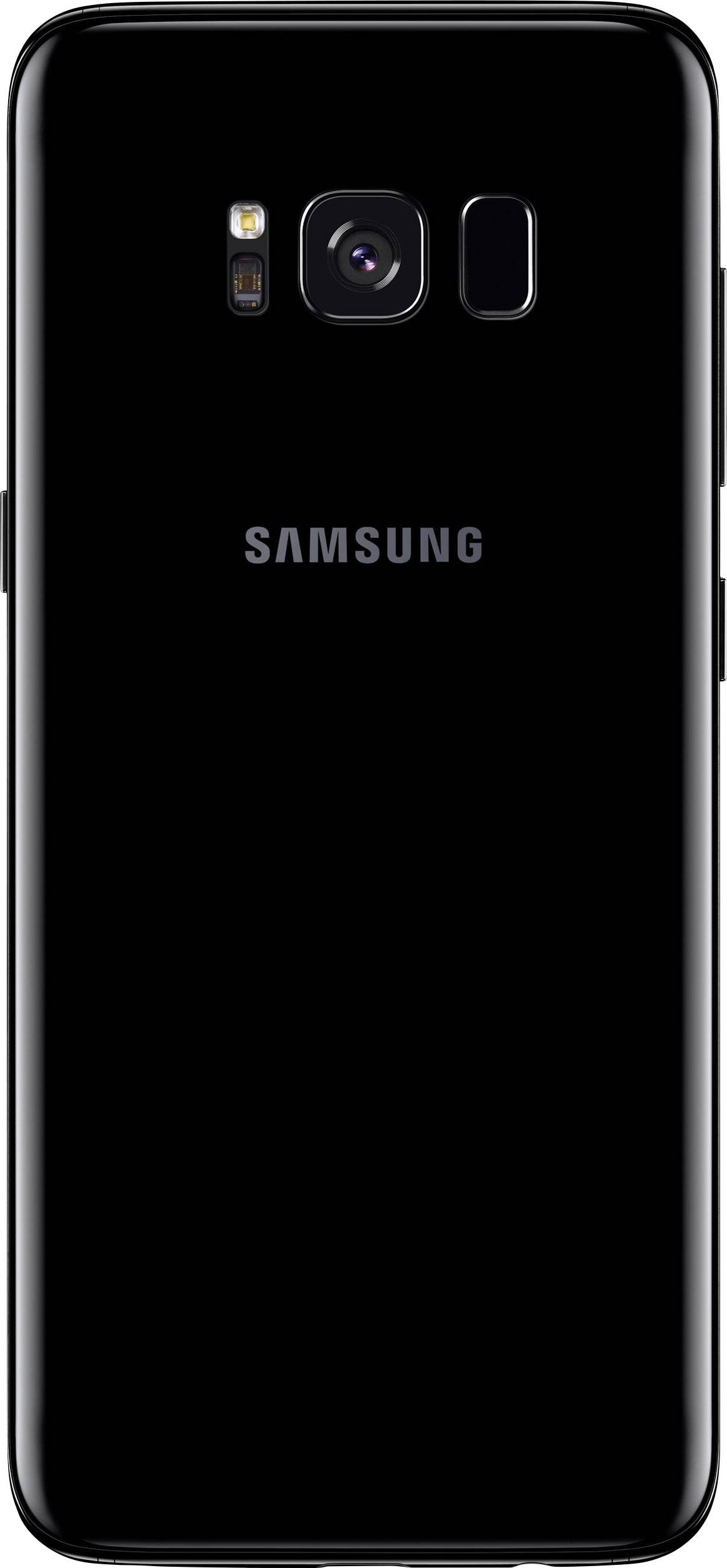 Black Samsung smartphone viewed from the back, showing camera, flash, and 'Samsung' logo in the centre.