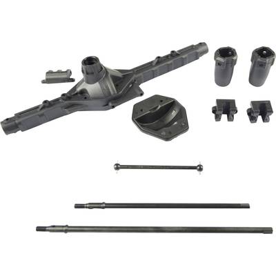 Parts of an RC car axle kit, including axles, housings, and connecting components.