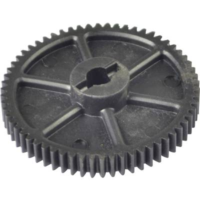A black plastic gear wheel with a hexagonal hole in the centre and multiple spoke-like reinforcements.