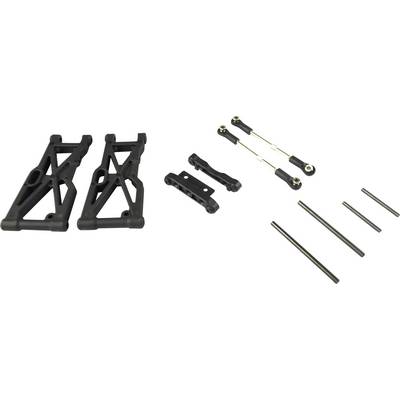 A set of spare parts for a remote-controlled vehicle, comprising two suspension arms, two connecting rods, and several metal pins.