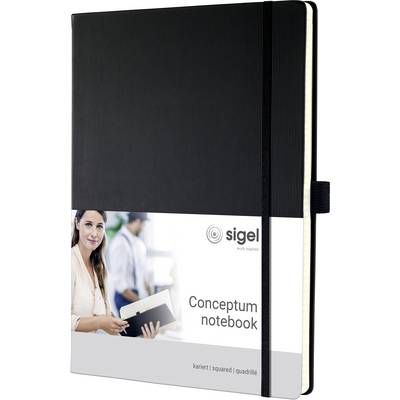Black notebook with the inscription 'sigel conceptum notebook'. A person is holding it, background slightly blurred.