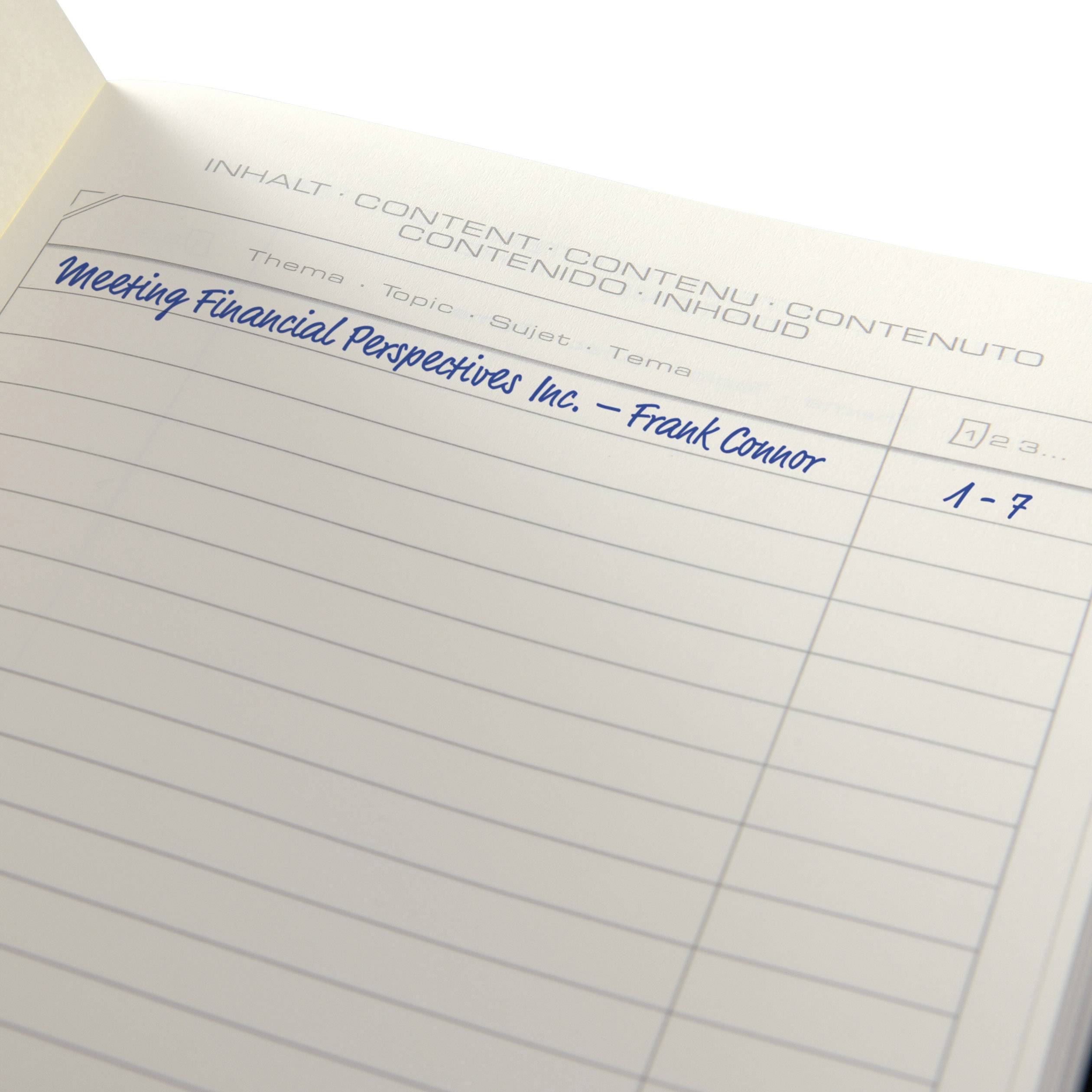 A blank notebook with a handwritten note on the first line: 'Meeting Financial Perspectives Inc. - Frank Connor' and a date column.