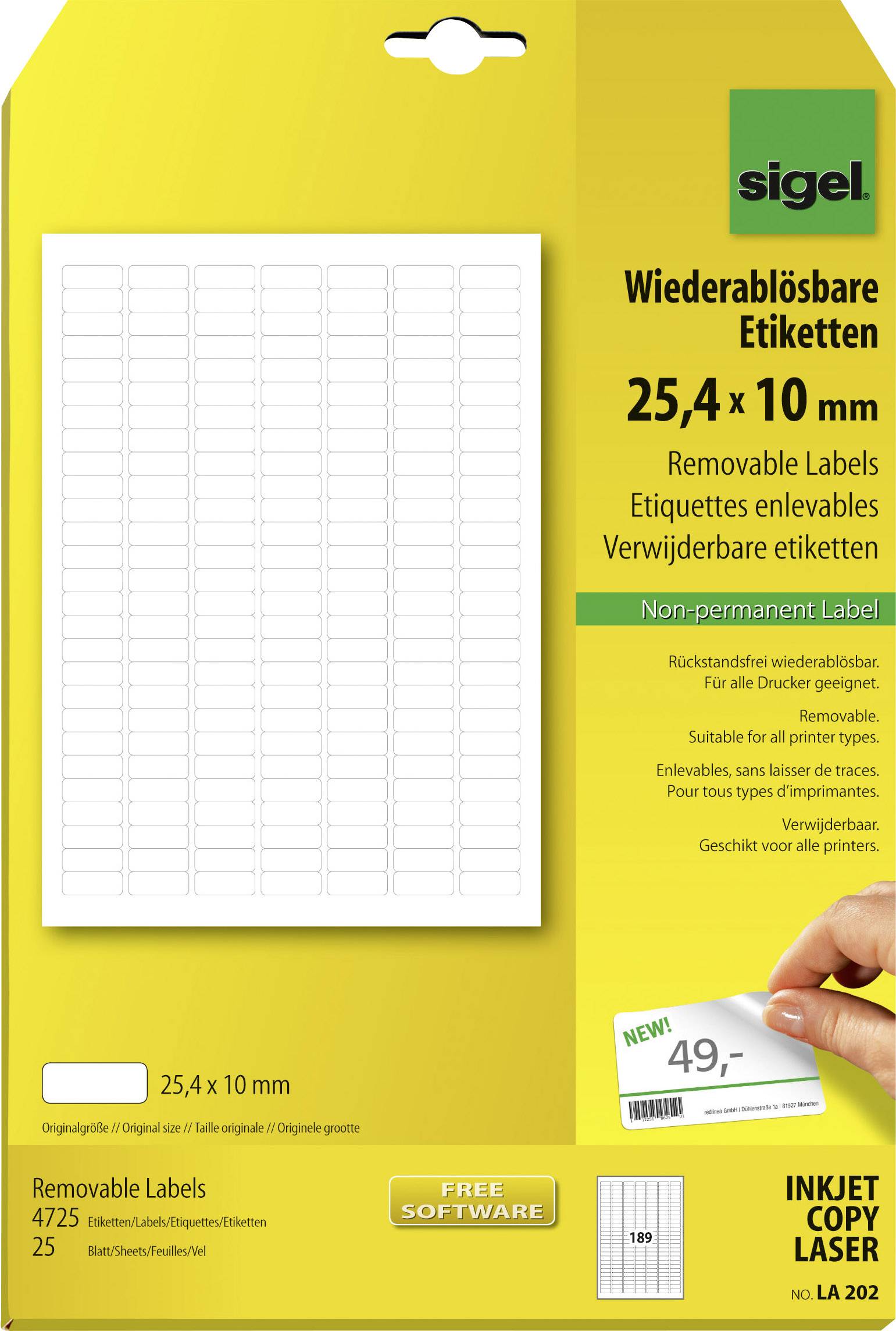 Sigel LA202 25.4 x 10 mm Paper White 4725 pc(s) Removable All-purpose labels 25 Sheet A4