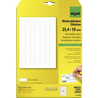 Sigel LA202 All-purpose labels 25.4 x 10 mm Paper White 4725 pc(s) Removable Inkjet printer, Laser printer, Laser, colou
