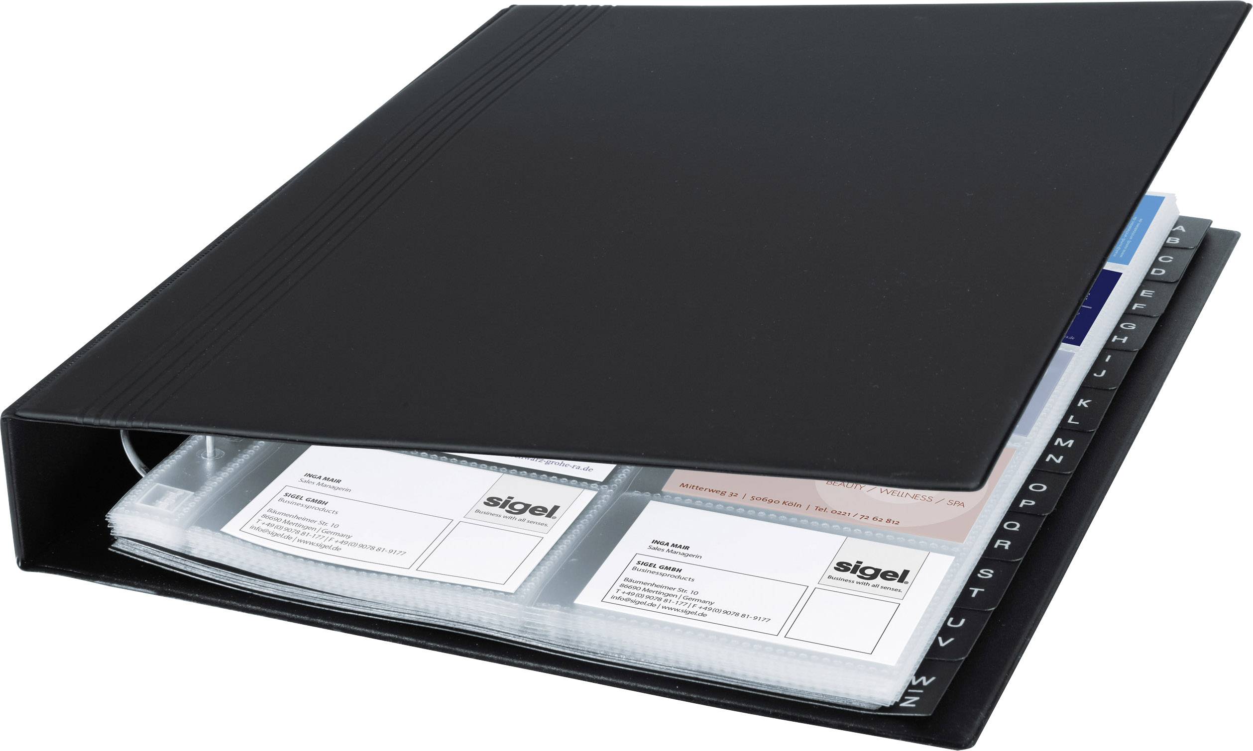 Black folder with A-Z index dividers and clear plastic sleeves for storing business cards.