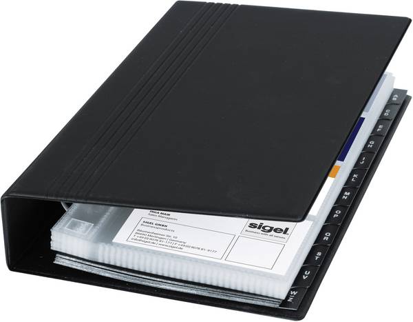 <br> Sigel<br> VZ300<br> Spiral-bound business card book<br> 200 cards <br> (W x H x D) 147 x 265 x 44 mm<br> Black (matt)<br> Plastic<br>