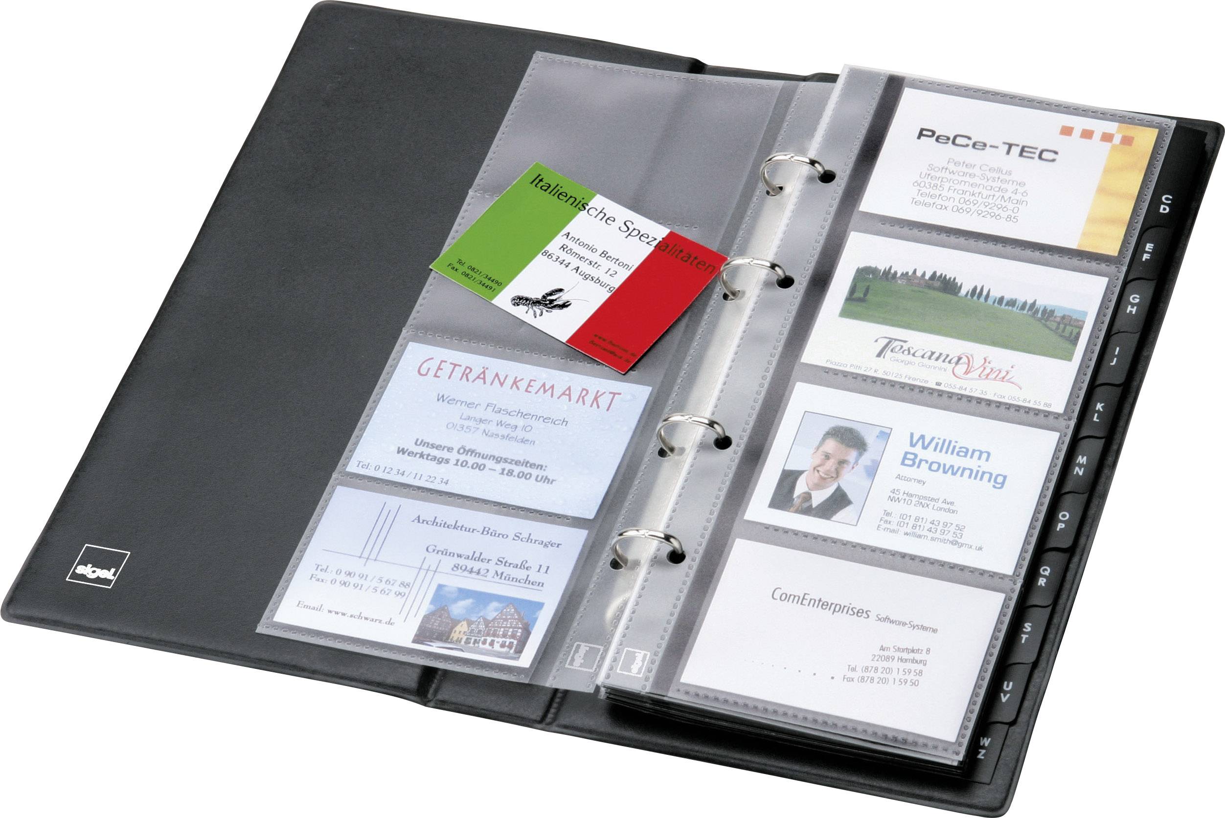 A black folder with transparent sleeves contains various business cards, including company information and names.
