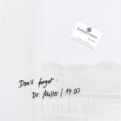 Described whiteboard: 'Don't forget: Dr. Milos / 2:00 PM'. Next to it, a business card for 'Schwarz & Grohe'.