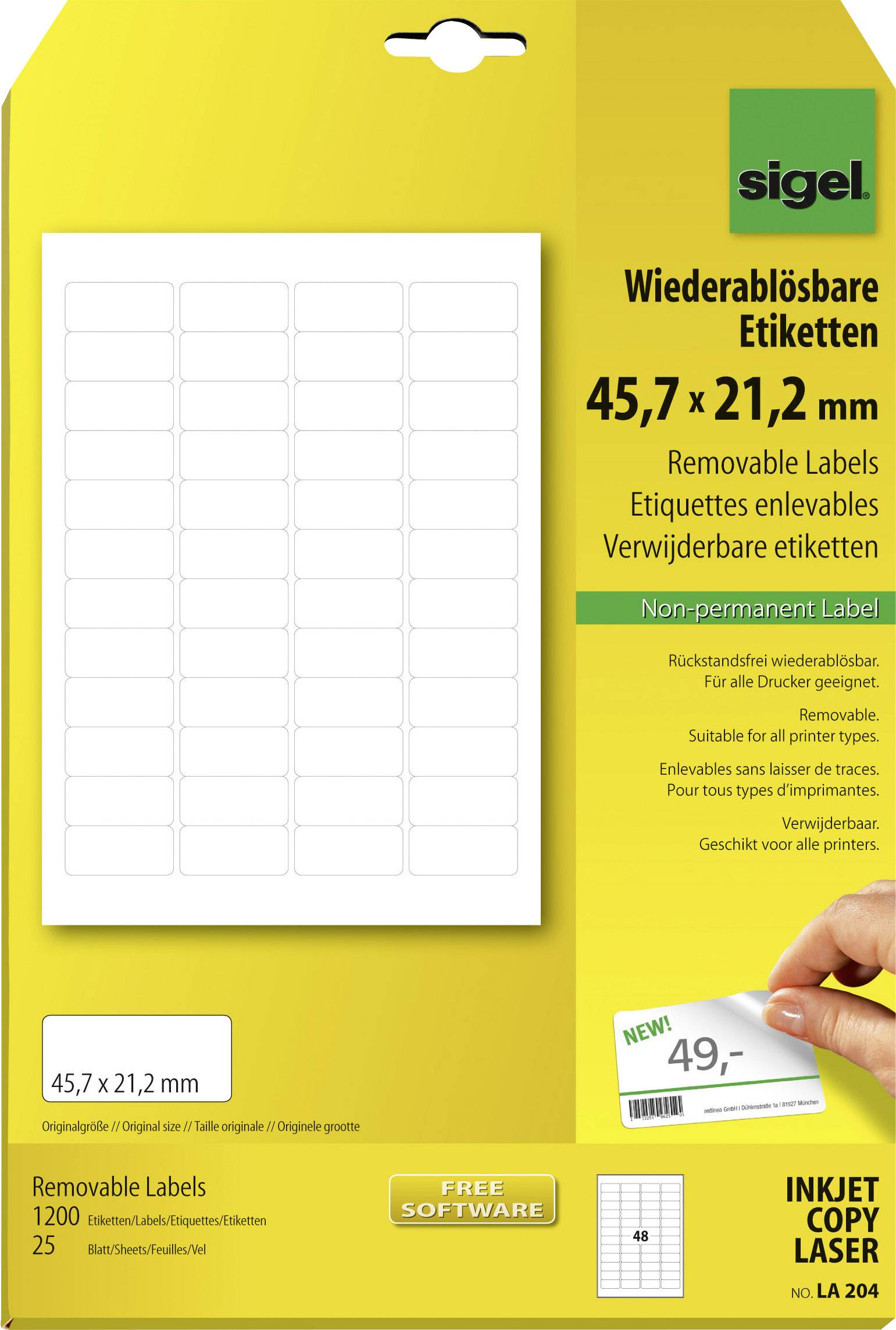 Sigel LA204 45.7 x 21.2 mm Paper White 1200 pc(s) Removable All-purpose labels 25 Sheet A4