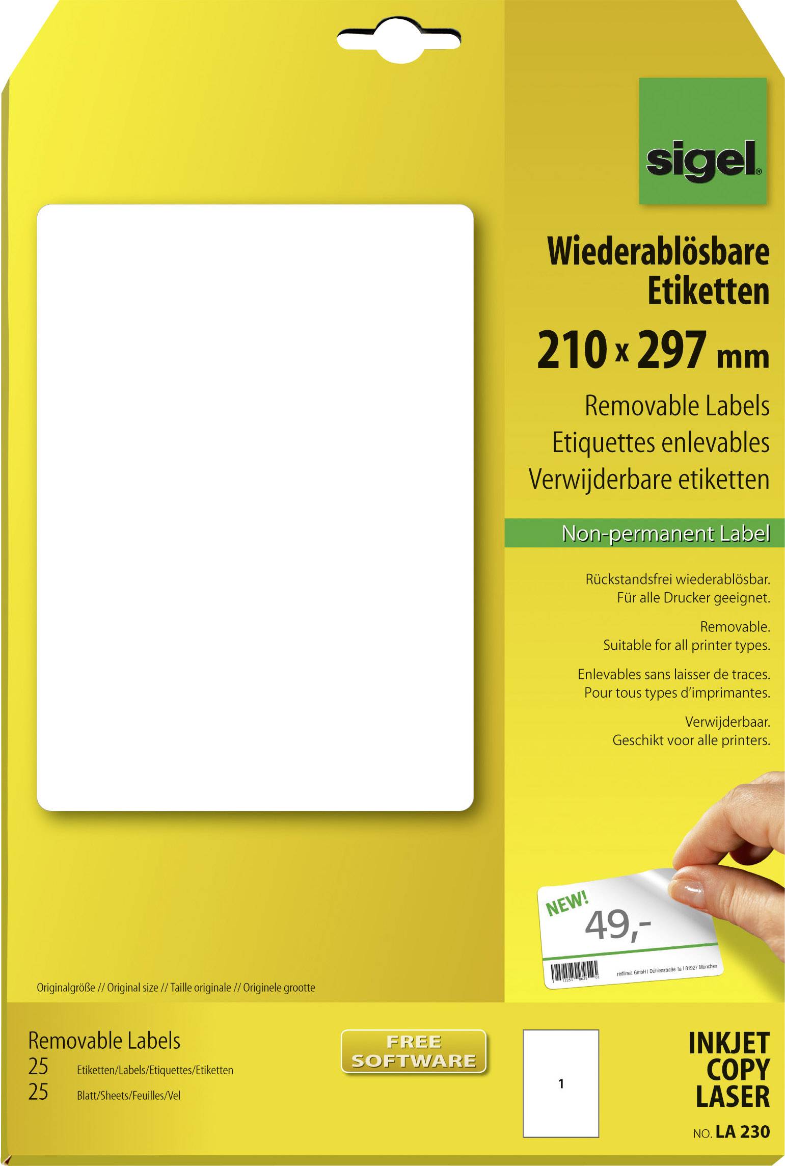 Sigel LA230 210 x 297 mm Paper White 25 pc(s) Removable All-purpose labels 25 Sheet A4