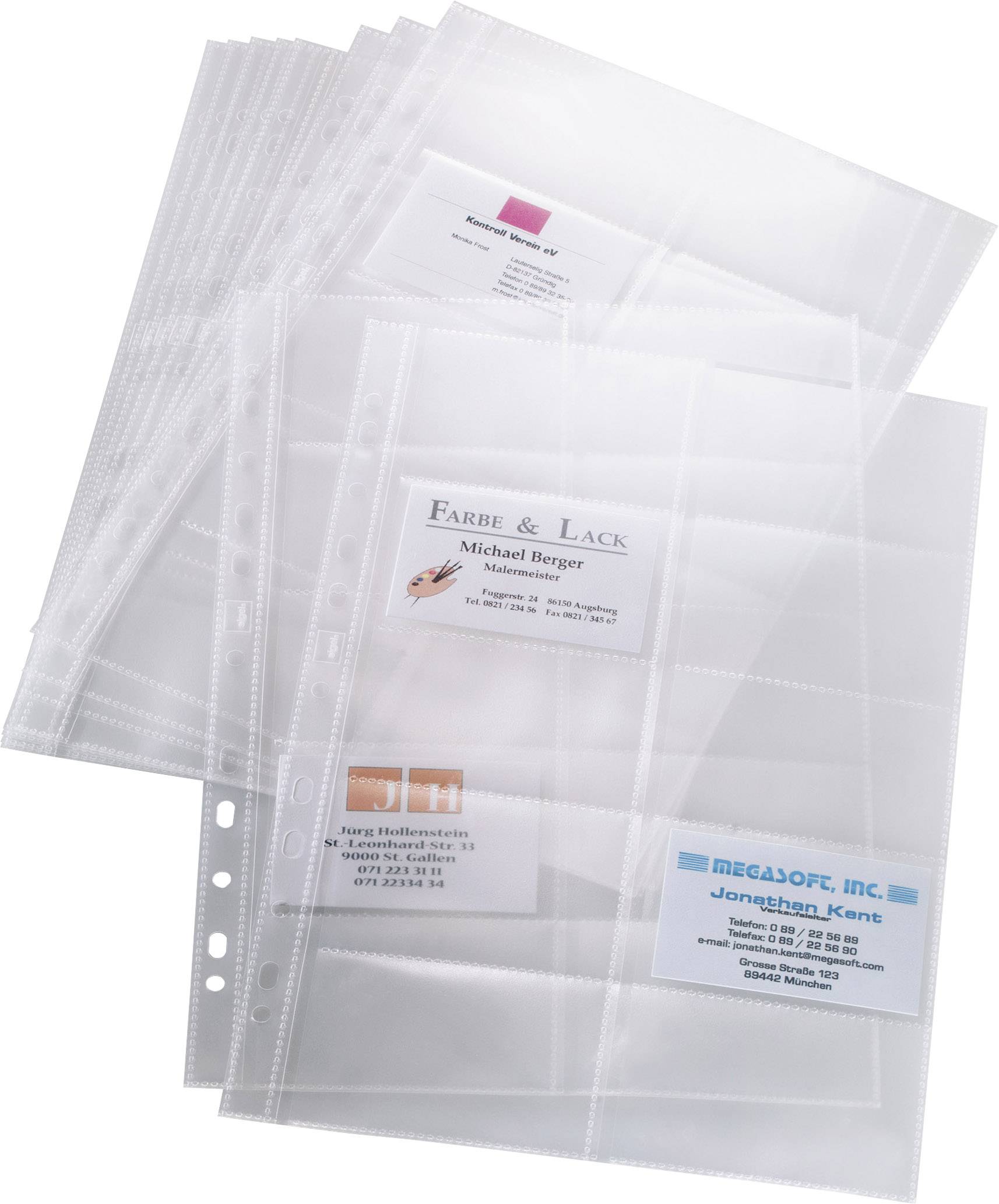 Transparent multi-pocket sleeves for business cards, filled with cards from various companies.