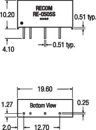 Schematic of an electronic component with dimensions in millimetres, including length, width, and pins, front and side view.
