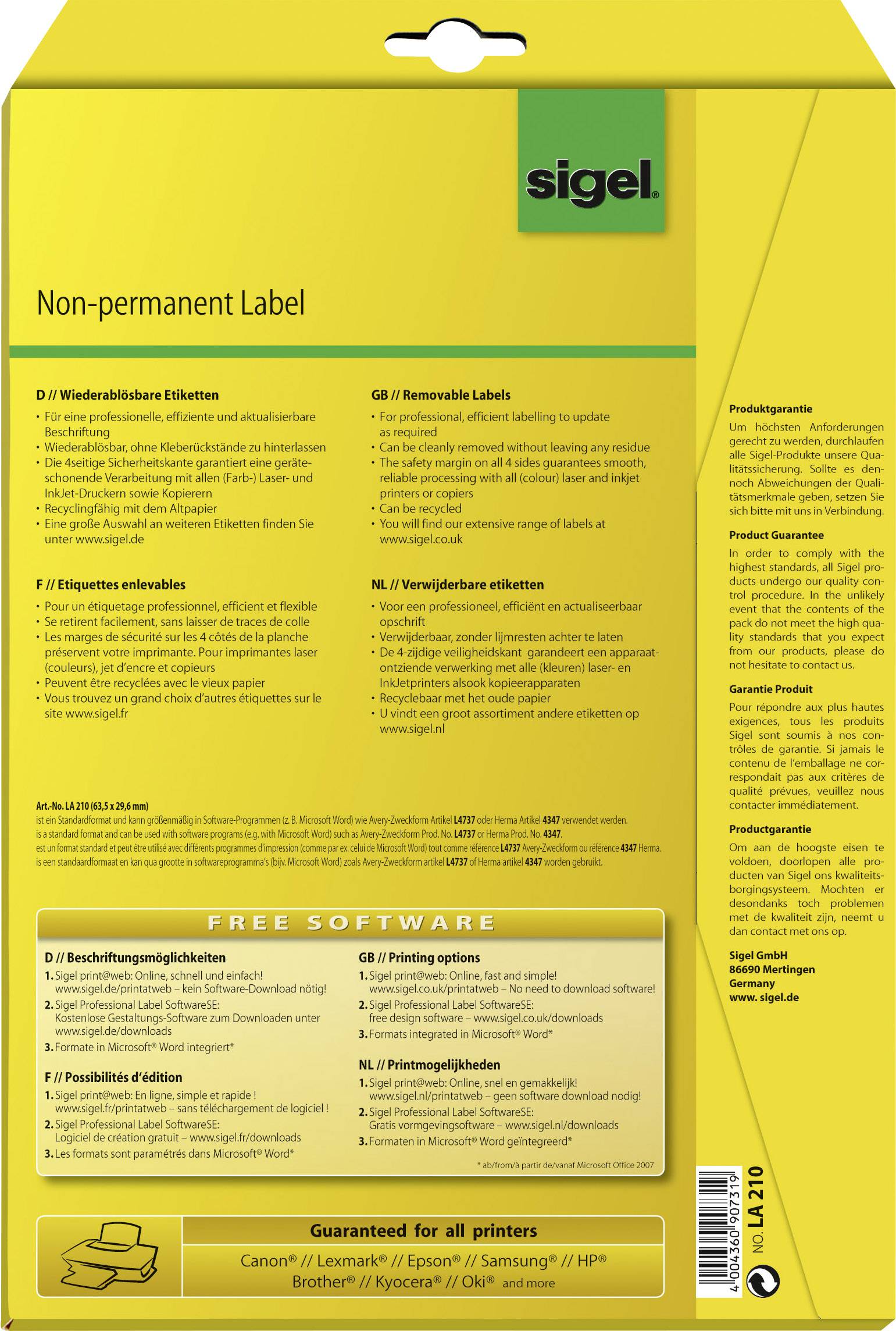'Yellow packaging from sigel with textual instructions and information about non-permanent labels, including software offering.'