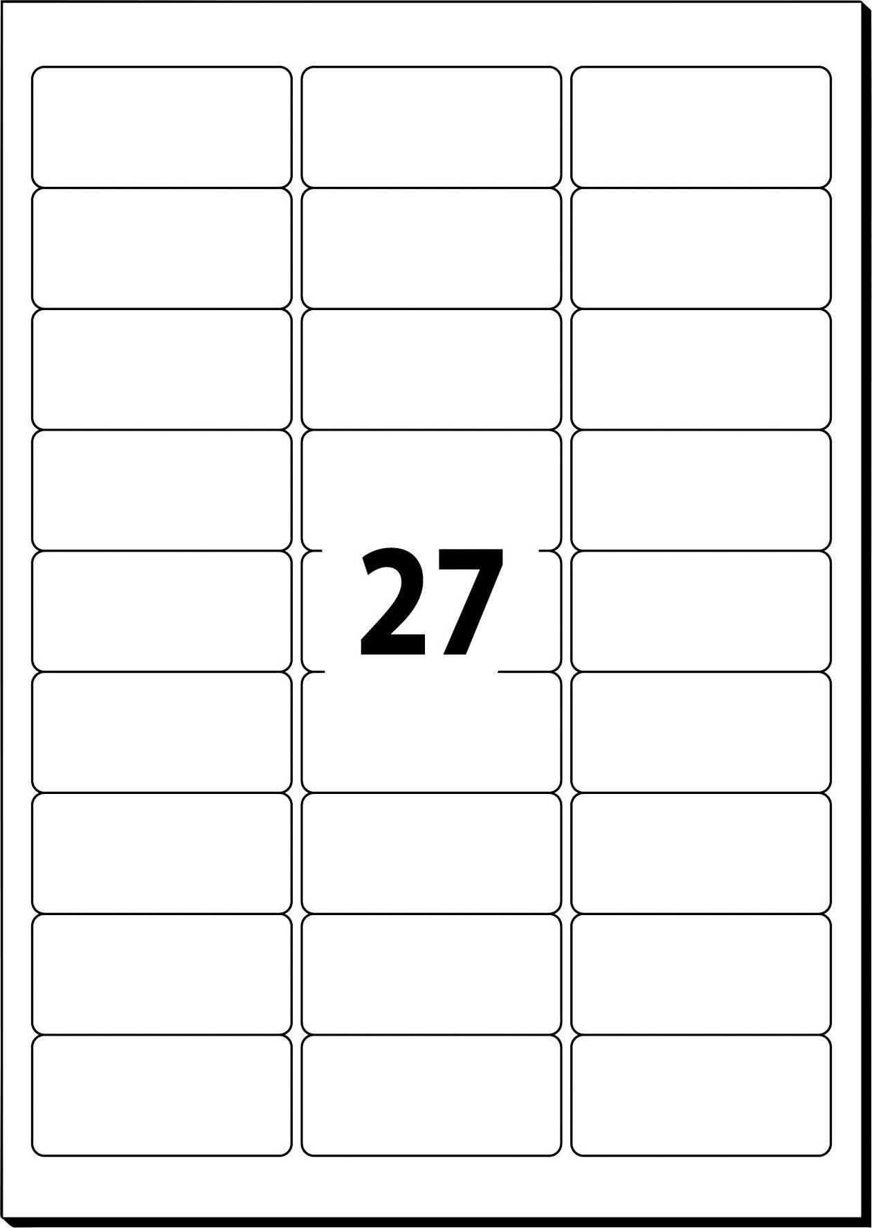 A sheet with 21 rectangular stickers, with one in the centre showing the number '27'.