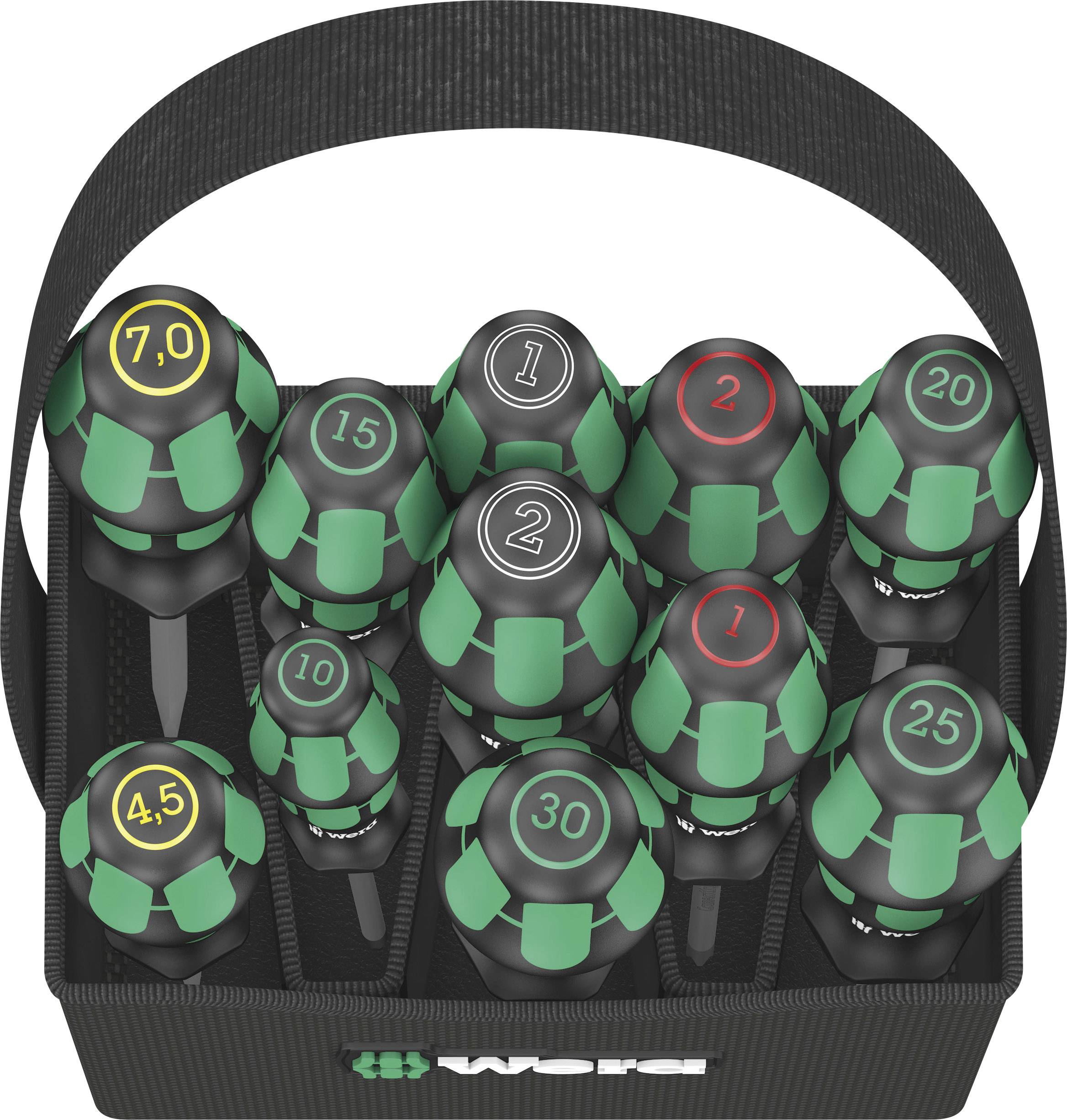 Top-down view of a screwdriver set with eight screwdrivers of varying sizes, arranged in a black carrying case.