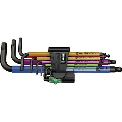 Set of colourful Allen keys arranged in a black holder. Each key is of a different size.