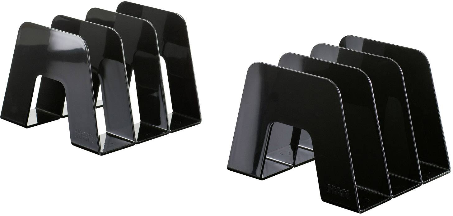 Two black, glossy bookends in a geometric plastic design, each offering L-shaped supports to keep books upright.