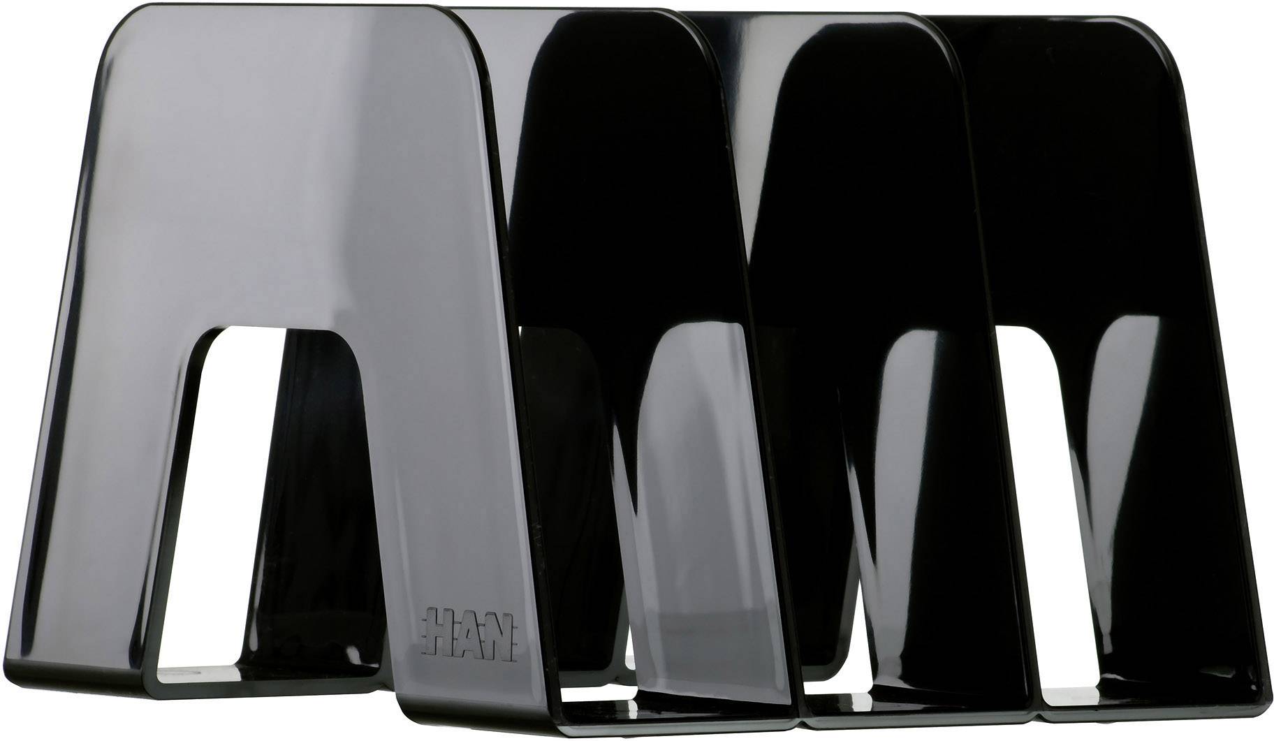 A black, metal bookend in the shape of the letter 'M', ideal for organising books or documents.