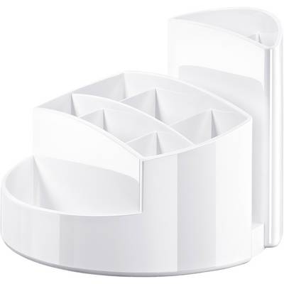 A rotating, white organiser with multiple compartments for storing office supplies. Elegant design for desk organisation.