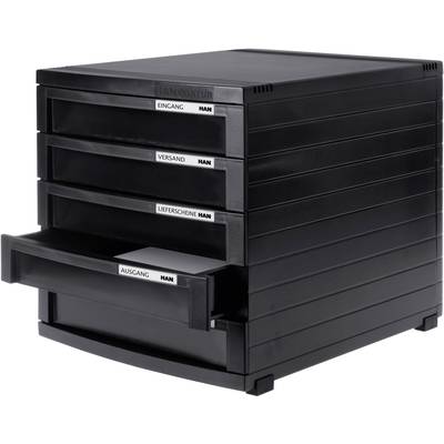 Black filing system with four drawers, labelled 'Incoming', 'Dispatch', 'Delivery Notes' and 'Outgoing', one drawer open.