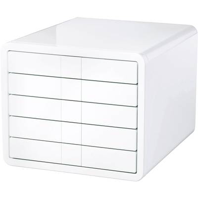 A white, cube-shaped chest of drawers with five horizontal, narrow drawers.