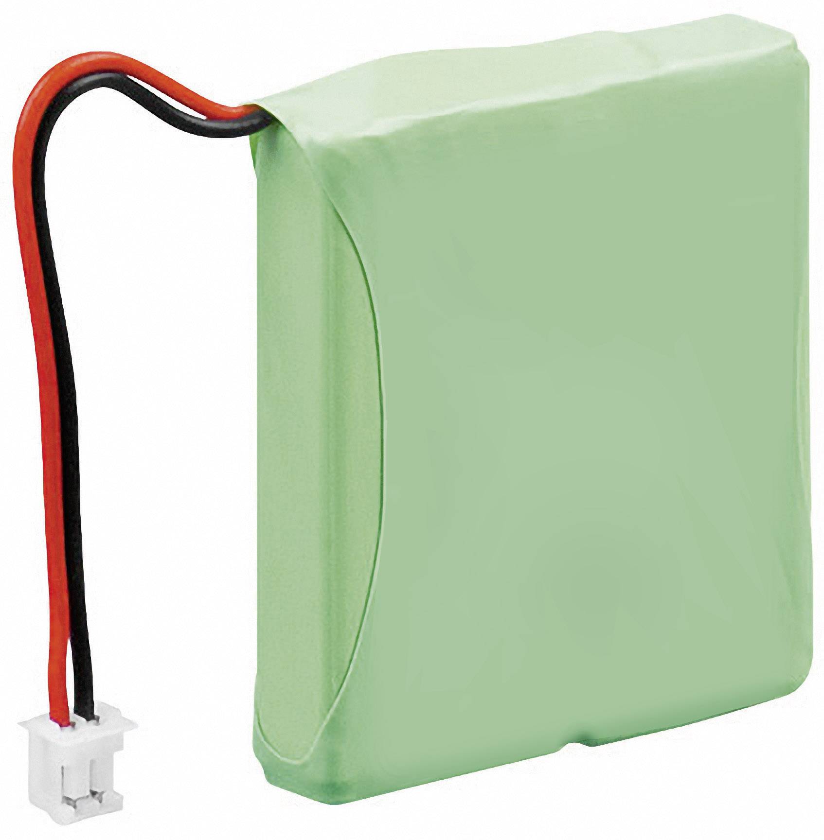 Green battery with two wires, red and black, and a white connector.