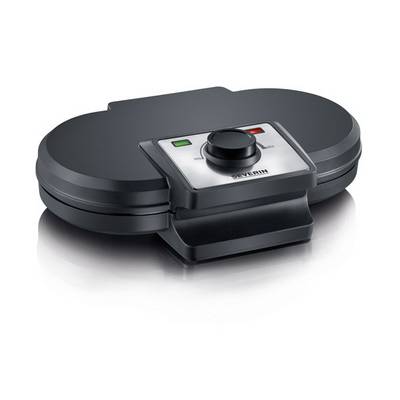 A black electric waffle maker with indicator lights and a temperature control dial sitting on a white surface.