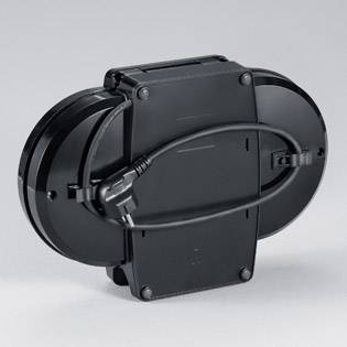 Black, oval electronic device with cable on grey background. Function unknown.