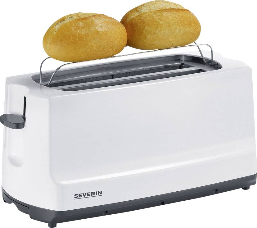 A white Severin toaster with a roll holder on top, on which two bread rolls are placed.