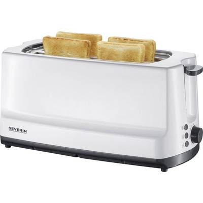 A white toaster with four golden-brown toast slices on top.