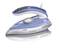 A blue and white Severin steam iron with adjustable temperature display and ergonomic handle.
