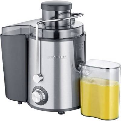Stainless steel and black plastic juicer with connected juice container, filled with freshly squeezed orange juice.