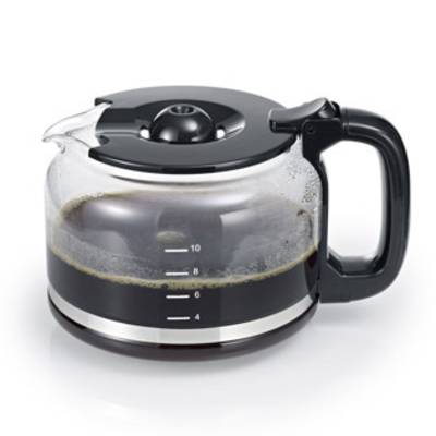 A glass jug with a handle contains approximately half-filled coffee. It has cup markings on the side.