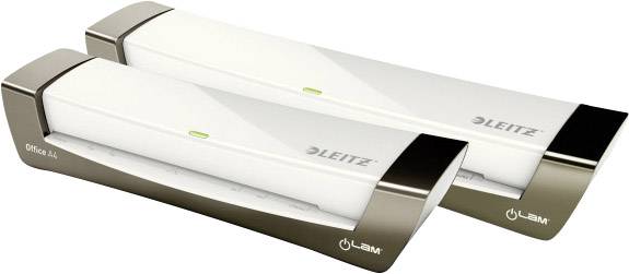 Two white and brown laminating machines by Leitz, model Office A4. They are positioned side by side and ready for use.