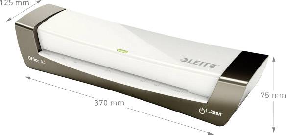 Leitz Office A4 Laminating Machine in white and brown, with dimensions: 125 mm height, 370 mm width, 75 mm depth.