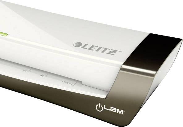 White and brown laminator by Leitz with a logo on the top surface. Suitable for laminating paper documents.