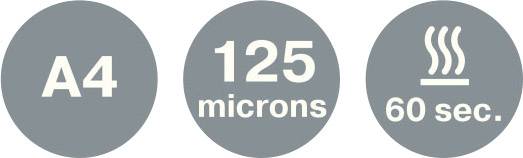 'Three grey circles with white text: A4, 125 microns, 60 sec. Details of paper size, thickness and lamination time.'