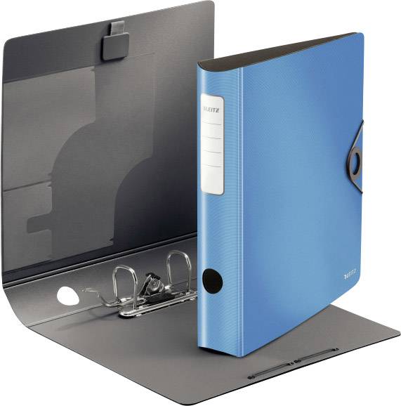 A blue folder with lever mechanism is open. On the left, two levers and a retaining clip are visible. In the background, an inner pocket.