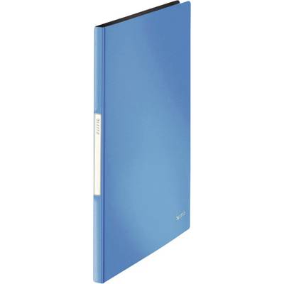 A blue ring binder with a label, standing upright. It has a slim spine and a smooth surface.