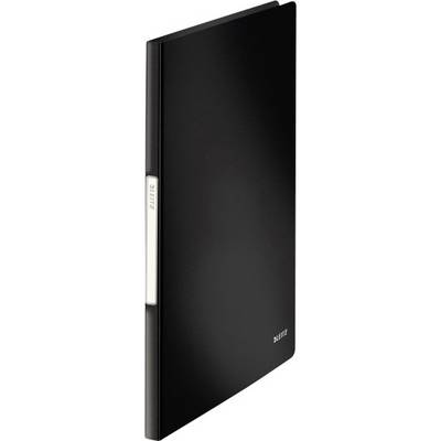 Black Leitz lever arch file standing upright, with label on the spine. Ideal for storing documents.