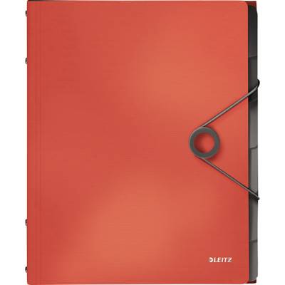 Red document folder with elastic closure, brand 'Leitz'. Ideal for organising documents in the office or at home.